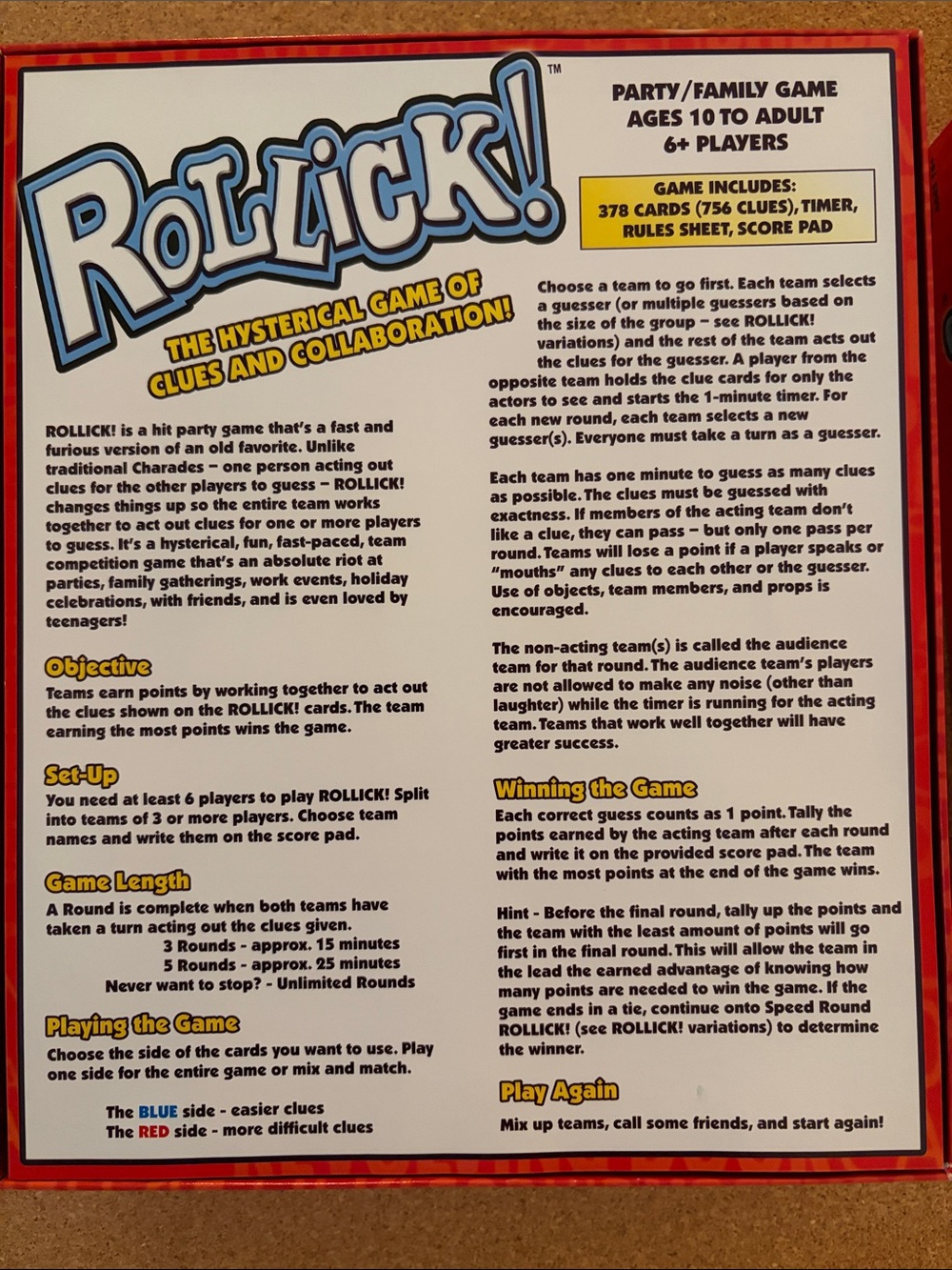 Rollick! Party Game by — Red Box with Blue, Yellow & Green Masks - Picture 2 of 6